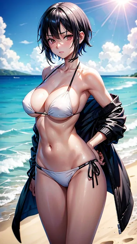  young woman, black short hair, white skin, black eyes, white bikini, quiet, sad eyes. Beach, walking,, sun day, beautiful. Anime sexy. Kurome Akame ga kill 