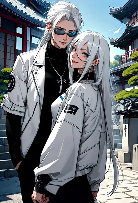 generates an adult woman with long black hair and light blue eyes, futuristic white clothes wearing a leather jacket, a loving smile with an aura of tranquility, next to her tall teenage son with messy white hair and sunglasses, a happy mother with her son...