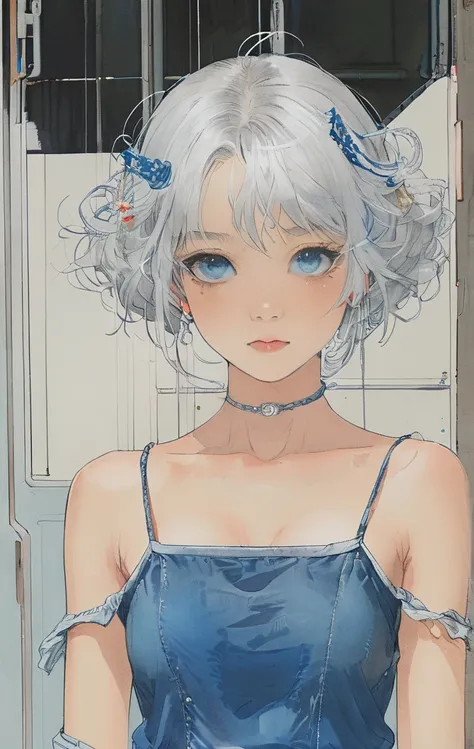  female，silver hair，blue eyes，short camisole，crop shirt，Off shoulders，white，Art， anime，illustration