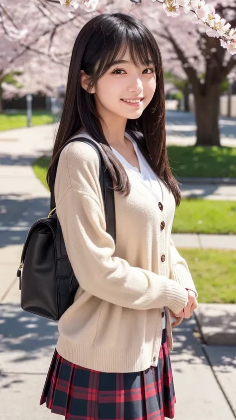 “A cute Japanese college girl, aged 18-21, with straight, silky black hair and big, expressive brown eyes. She is wearing a stylish, casual outfit consisting of a pastel-colored cardigan over a white blouse and a plaid skirt. She is carrying a bookbag and ...