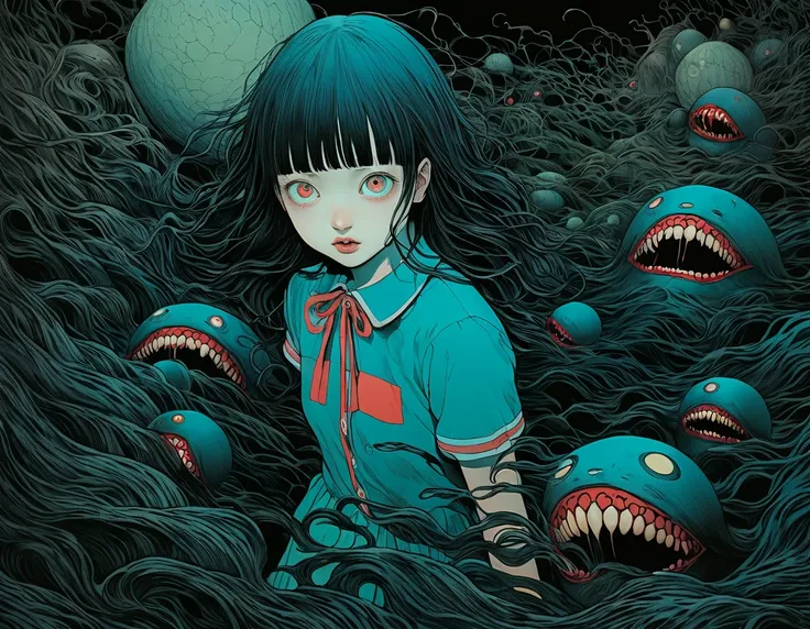 illust、art、horror, directed by Junji Ito、high detail, realsitic shadow、Analog style, chromatic aberration, surrealism