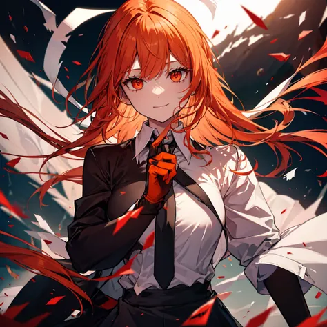 (((Fantasy　Orange Hair　Long Hair　Dull red eyes)))　((Black tie　White Shirt))　((gloves　Creepy Smile))　(((Broken glass)))　(star)　Catch the wind　autumn　Shining Background　 Shining Edge