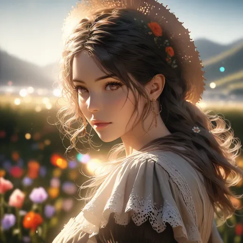 A young woman with long, flowing auburn hair, wearing a vintage floral dress, a straw hat, brown leather sandals, standing in a field of wildflowers, holding a book in her hand, beautiful detailed eyes, beautiful detailed lips, extremely detailed eyes and ...