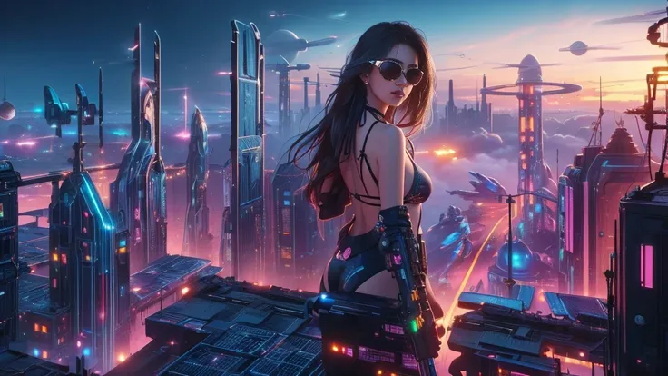 (((a medium-breast bikini slim GIRL with black (micro) sunglasses))), (((((aiming at viewer with a pistol))))), a balcony of a futuristic building, aerial view of an ultra-futuristic megalopolis, metal buildings and houses in dark colors from dark blue to ...