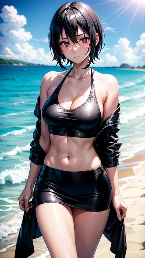  young woman, black short hair, white skin, black eyes, black short shirt, quiet, sad eyes. Beach, walking,, sun day, beautiful. Anime sexy. Kurome Akame ga kill 