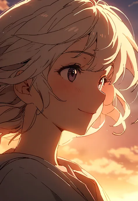 masterpiece, best quality, movie still, 1girl, cloud girl, floating in the sky, close-up, bright, happy, warm soft lighting, sunset, (sparks:0.7)