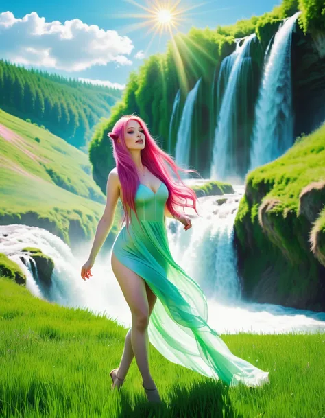 Ethereal beauty, a woman,with long pink hair, waterfalls defying gravity, a wolf,  bright and sunny, Green field, realistic, vibrant , sexy.