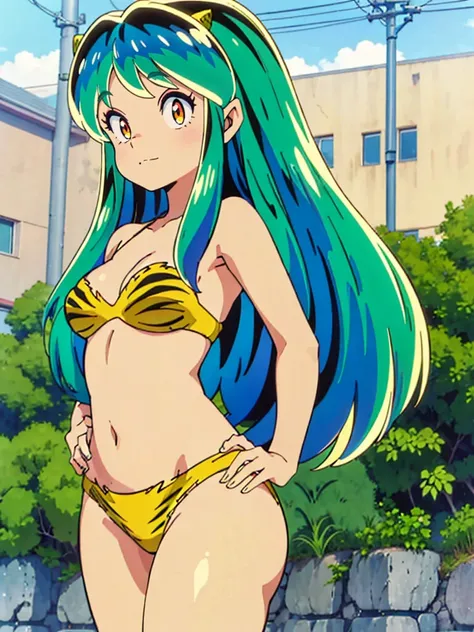 masterpiece, Highest quality, 1 Girl, Lum, Lum_比基尼, anime, Charm, 18-year-old,  Are standing,  High definition, From before, Green Hair, smile, 1980年代animeスタイル