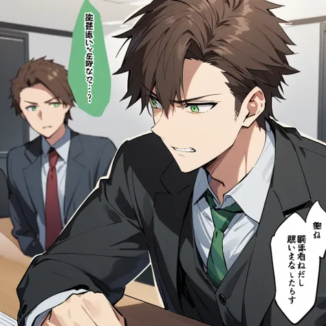 A 25-year-old male with brown hair and green eyes.、Wearing a suit、In an office conference room、He has a panicked look on his face.