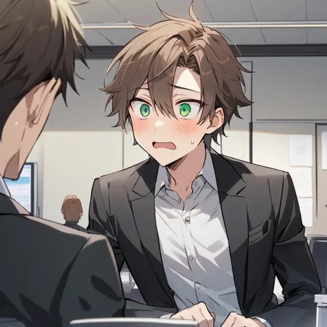 A 25-year-old male with brown hair and green eyes.、Wearing a suit、In an office conference room、He has a panicked look on his face.