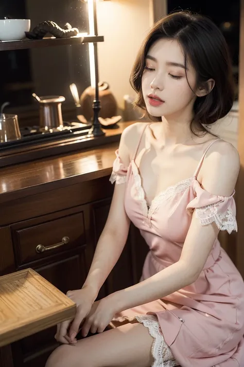 (((best quality))),(((ultra detailed))),(((masterpiece))),illustration,((1 beautiful young girl,solo,)),((slim,thin)),((small breasts,flat chest)),(shoulder length straight bob hair:1.2),(round face:1.2),delicate, sitting on the chair beside the dining tab...