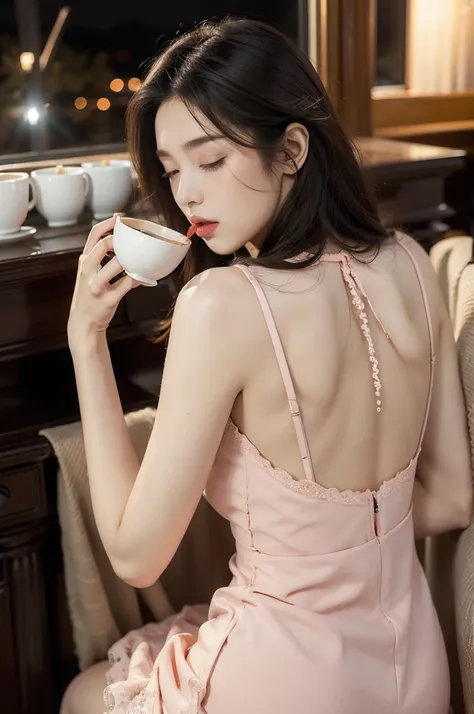 (((best quality))),(((ultra detailed))),(((masterpiece))),illustration,((1 beautiful young girl,solo,)),((slim,thin)),((bare back,towering hips,butt crack)),(shoulder length straight bob hair:1.2),(round face:1.2),delicate, sitting on the chair beside the ...