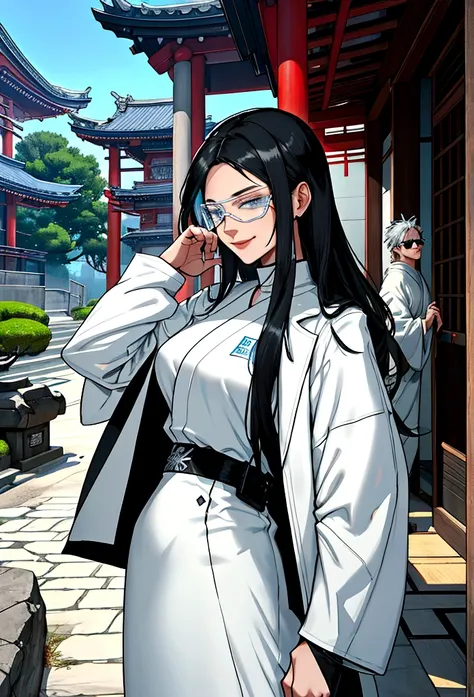 generates an adult woman with long black hair and light blue eyes, futuristic white clothes wearing a leather jacket, a loving s...