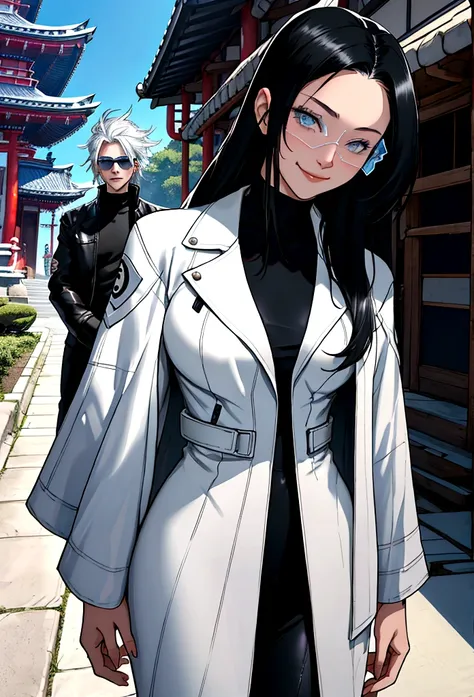 generates an adult woman with long black hair and light blue eyes, futuristic white clothes wearing a leather jacket, a loving smile with an aura of tranquility, next to her tall teenage son with messy white hair and sunglasses, a happy mother with her son...