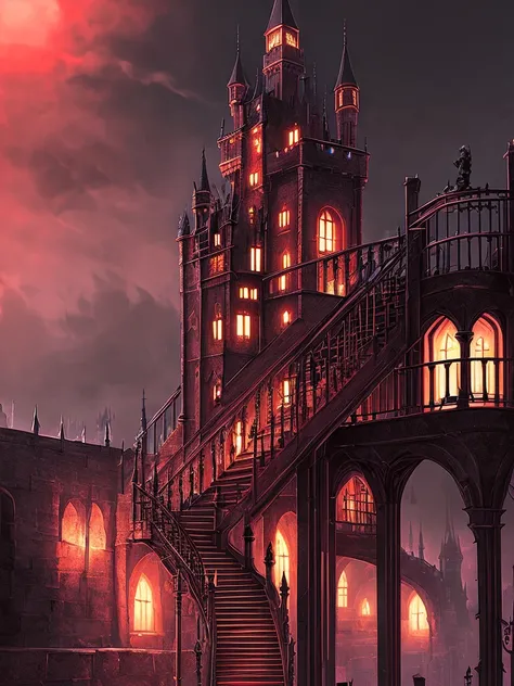 strenght, castle, blacksad, grimdark, staircase, natta, vampires, city around, red lights, detailded, high qualiy, fancy.