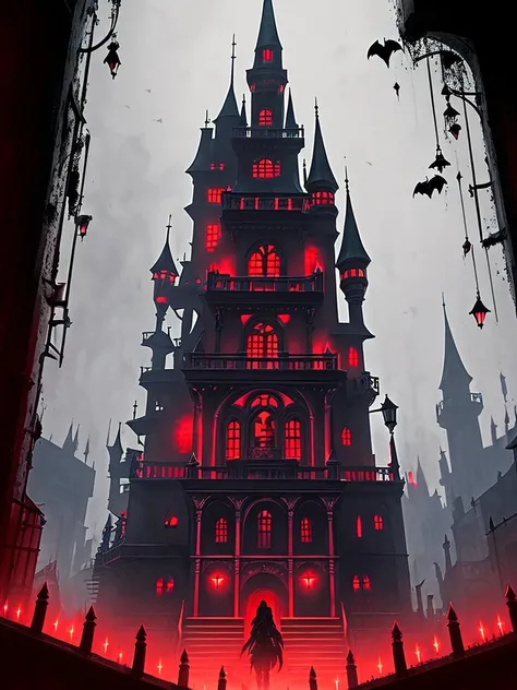 strenght, castle, blacksad, grimdark, staircase, natta, vampires, city around, red lights, detailded, high qualiy, fancy.