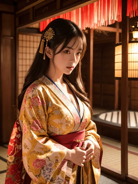 big breasted japanese woman in elaborate kimono, ornate shrine, cinematic atmosphere, (best quality,4k,8k,highres,masterpiece:1.2),ultra-detailed,(realistic,photorealistic,photo-realistic:1.37),(looking at viewer),highly detailed face,beautiful detailed ey...