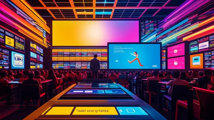 The backdrop is a digital interface resembling a high-tech library filled with glowing, translucent books hovering in mid-air. In the foreground, a digital avatar of a person is interacting with a holographic display projected from a smartphone. The displa...