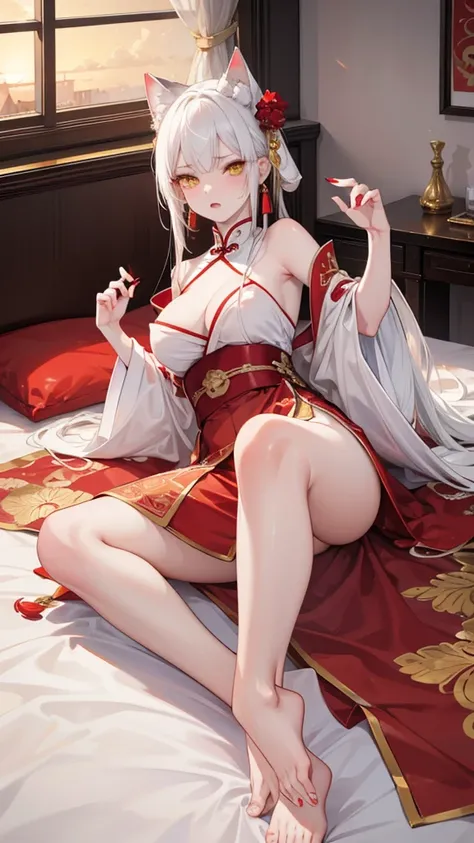 A female empress, white-haired, with yellow eyes, red nails, with notable physical characteristics, mostrando os peitos, legs open showing pussy, with an angry face and a provocative look, mouth open with tongue out. Wearing traditional Chinese imperial cl...