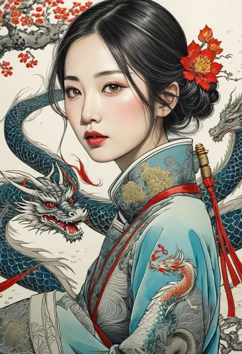 {{{{{illustration}}}}},By Yuko Shimizu,1 girl,chinese dragon,Chinese girl,women focus on, {{ink wash painting}},{{ink splashes}},{{splash of color}},{{{colorful}}},{{draft}}, Masterpiece,best quality, beautifully painted,Highly detailed,