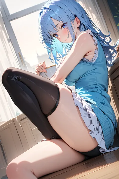 (masterpiece, best quality:1.5), (ultra detailed, high resolution, 8k, beautiful detailed, UHD, best anatomy), pale blue hair, medium breasts, 1 cute girl, cardigan, frill short skirt, Leggings, Looks like fun, zettai ryouiki