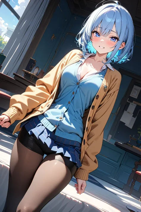 (masterpiece, best quality:1.5), (ultra detailed, high resolution, 8k, beautiful detailed, UHD, best anatomy), pale blue hair, medium breasts, 1 cute girl, cardigan, frill short skirt, Leggings, Looks like fun, zettai ryouiki