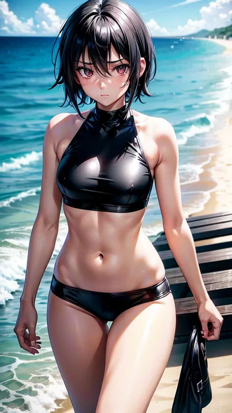 Teen girl, black short hair, white skin, black eyes, black short shirt, , slim body, quiet, sad eyes. Beach, walking,, sun day, beautiful. Anime sexy. Kurome Akame ga kill 