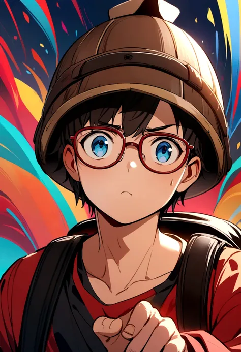 The boy wore a brown helmet with red rim, blue eyes, black-rimmed glasses, a black tank top, a red long-sleeved shirt, and a black backpack.