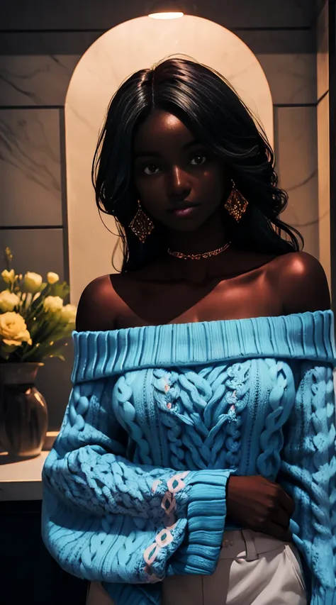 upper body shot, ((beautiful black woman with flawless dark skin)), long hair with gradient blue glow, clearly defined facial fe...