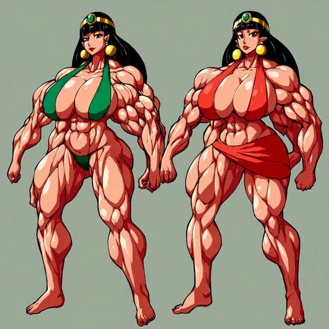 Oni girl, cleopatra hair, extreme muscle, big breasts, 4 arms, full body.