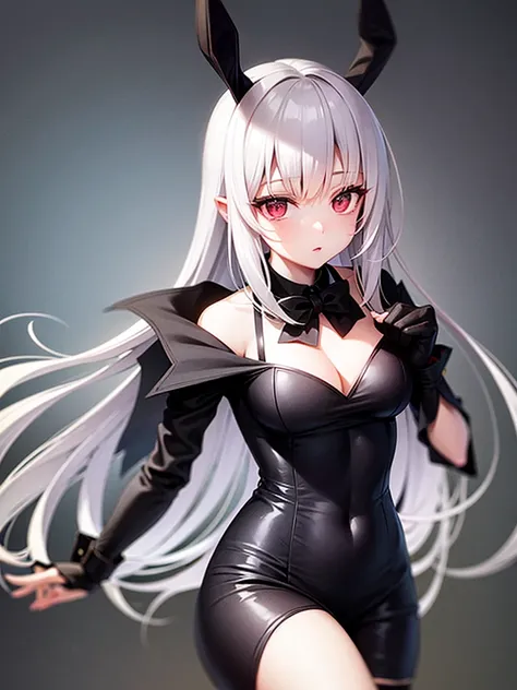 light silver hair,black  suit, rabbit ear,pale red eye,silence,two front hair bundles