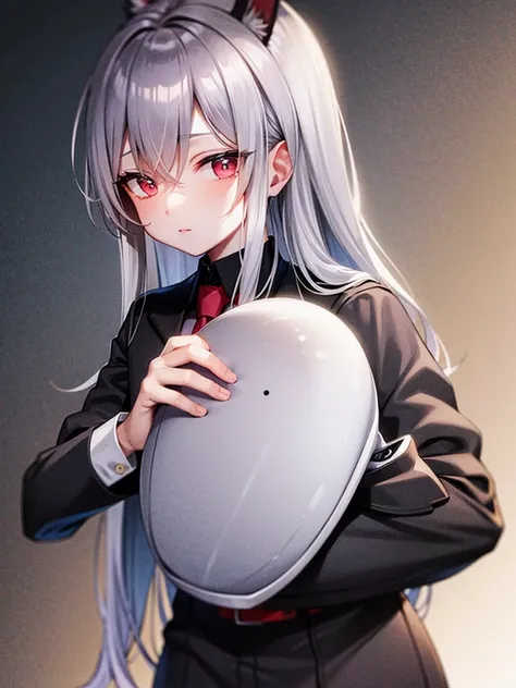 light silver hair,black  suit, rabbit ear,pale red eye,silence,two front hair bundles