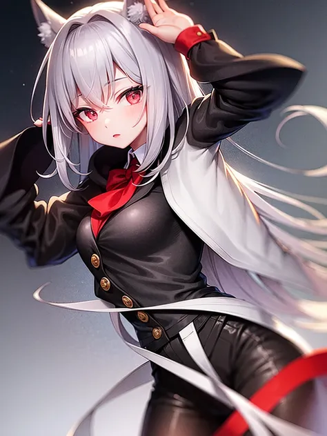 light silver hair,black  suit, rabbit ear,pale red eye,silence,two front hair bundles