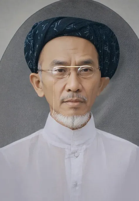 Indonesian Muslim male, aged 40 years or above, natural brown skin color, oval face with slightly wrinkles, wearing transparent glasses, black songko, black watch, formal white shirt and black tie. Hd realistic images