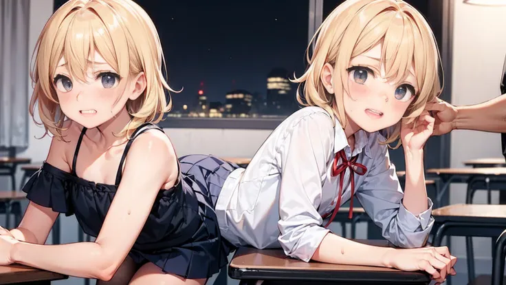 Highest quality,Highest quality,One Girl,Several boys,((((10 years old)))),  Surrounded by boys,Flat Chest,orgasm,blush, Sweat, Sakurai Momoka,blonde,White Sarah Outfit,Navy Blue Skirt, Not a long pleated skirt,whole body,night classroom, Grey pantyhose、Na...