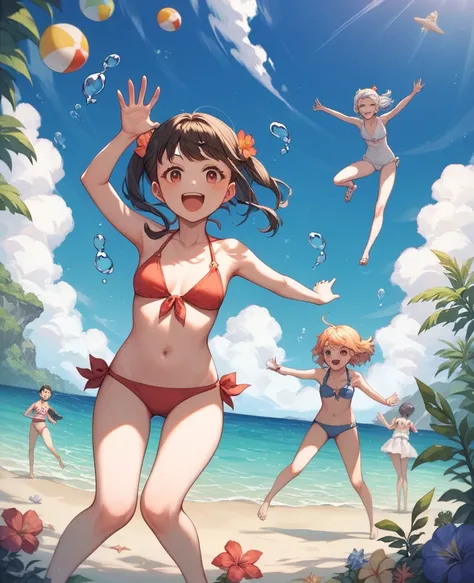 Highest quality, Very detailed, masterpiece, anime,Highest quality,Japanese ,THREE Girls,Swimwear,bikini,Beach,Dynamic pose,Open your mouth,smile,Transparent haori,Browsing Caution,Underwater photography,Hug Pose,Modest chest