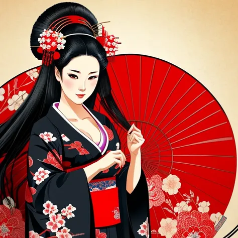 Geisha illustration, 1girl, kimono, cleavage, long hair, black hair,