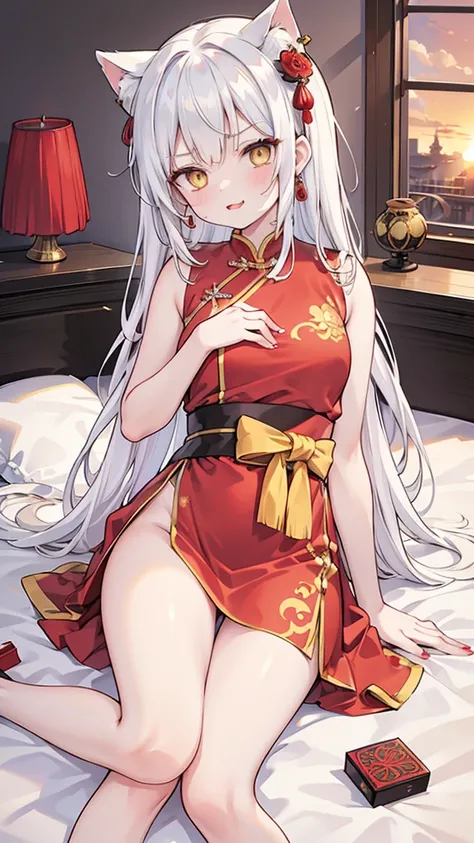 A female empress, white-haired, with yellow eyes, red nails, with notable physical characteristics, mostrando os peitos, legs open showing pussy, with an angry face and a provocative look, mouth open with tongue out. Wearing traditional Chinese imperial cl...