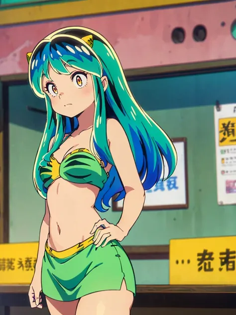 masterpiece, Highest quality, 1 Girl, Lum, Lum_比基尼, anime, Charm, 18-year-old,  Are standing,  High definition, From before, Green Hair, smile, 1980年代animeスタイル, Cowboy Shot, School zone