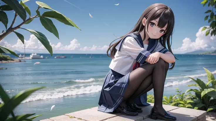 (masterpiece),  town,  blue sky,  One Girl, Put people on the right,  smile,  alone,  Sailor suit、Long skirt,  Overgrown,  petal,  plant、Skirt lining、Translucent slip、nostalgic、Black Pantyhose、You can see the sea in the distance, Crotch close-up