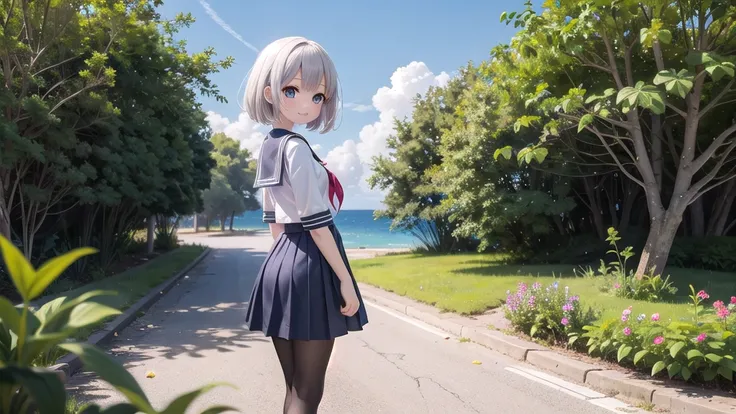 (masterpiece),  town,  blue sky,  One Girl, Put people on the right,  smile,  alone,  Sailor suit、Long skirt,  Overgrown,  petal,  plant、Skirt lining、Translucent slip、nostalgic、Black Pantyhose、You can see the sea in the distance, Crotch close-up