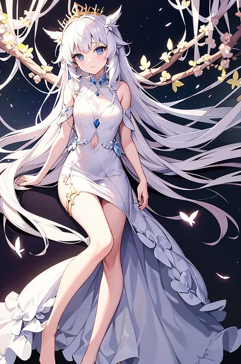 Anime princess with a long, white dress that covers most of her body. Her hands are at her side, and her crown it made of twigs and branches, representing her connection and care for nature. Background of a forest