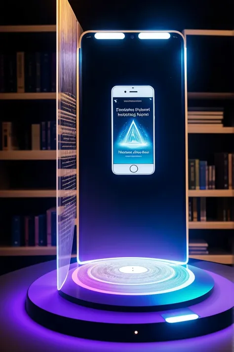  translucent books hovering in mid-air. In the foreground, a person is interacting with a holographic display projected from a smartphone. The display showcases the Audible app interface with dynamic visual representations of audiobook covers and immersive...