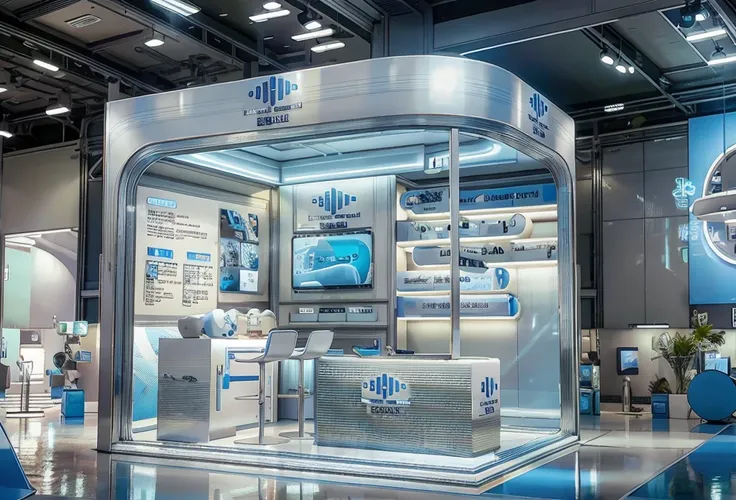 a large exhibition stand for the "metrii" brand in white and blue colors, featuring dental chairs, digital screens displaying te...