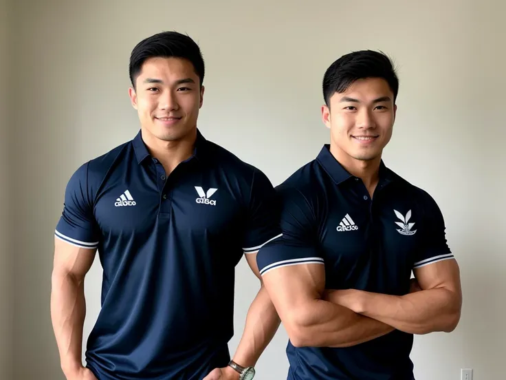 Picture of a handsome Asian rugby player with short hair, no beard, muscular body, big muscles, wearing a navy blue and black shirt, indoors.