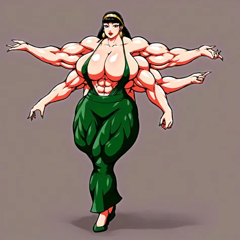 Oni girl, cleopatra hair, extreme muscle, big breasts, 4 arms, full body.