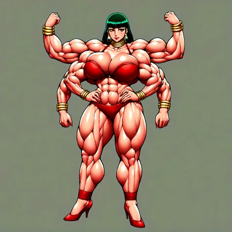 Oni girl, cleopatra hair, extreme muscle, big breasts, 4 arms, full body.