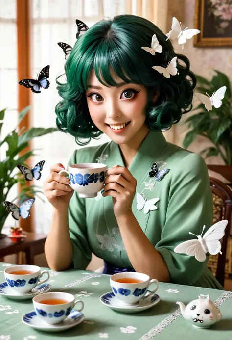 The beautiful Tatsumaki, With her huge eyes she looks amazed and with a big smile while she drinks tea from ceramic cups with ghostly cat shapes while the butterflies flutter around the table and the tablecloth..