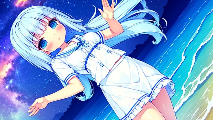 A nice white shirt that lets you see. 、Light blue flared skirt with ruffles、She lifts her skirt with both hands to show off her pretty white underwear.、Cute white underwear visible when you lift your skirt.、sandy beach, beautiful sea, night and starry sky ...