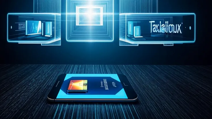 translucent books hovering in mid-air. In the foreground, a person is interacting with a holographic display projected from a smartphone. The display showcases the Audible app interface with dynamic visual representations of audiobook covers and immersive ...